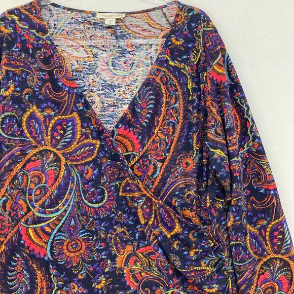 Coldwater Creek Wrap Top size 1X Multi Color Artsy Paisley Stretch Boho Festival - Picture 3 of 10